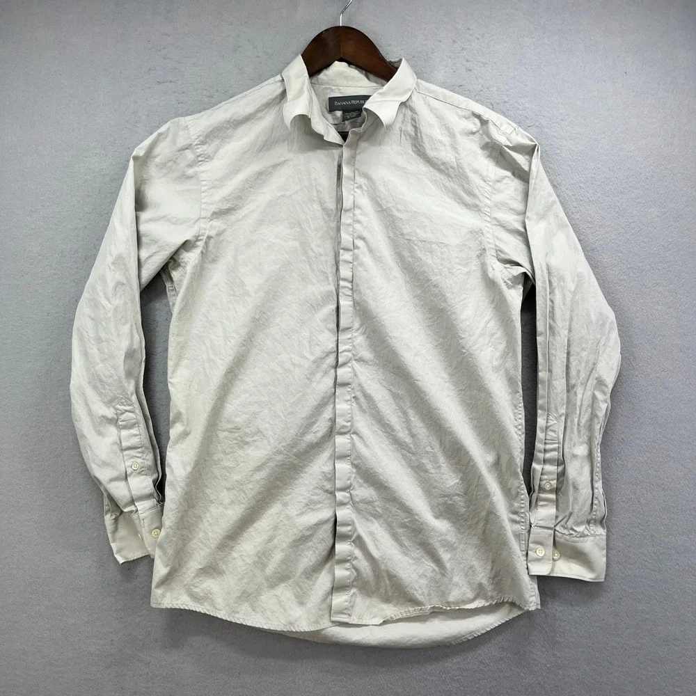 Banana Republic Shirt Mens Medium Tan Cotton Long Sleeve Hidden Button Up Y2K